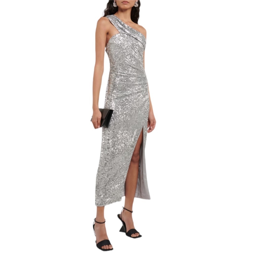 Jonathan Simkhai $675 Hammered Silver Sequins One Shoulder Midi Dress NWT Sz 2
